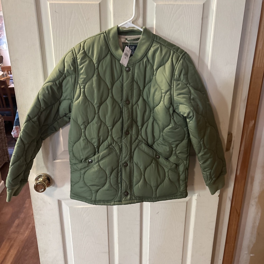 Gap Kids Quilted Bomber Jacket Kids XL 12 Green Snap Front Pockets NWT